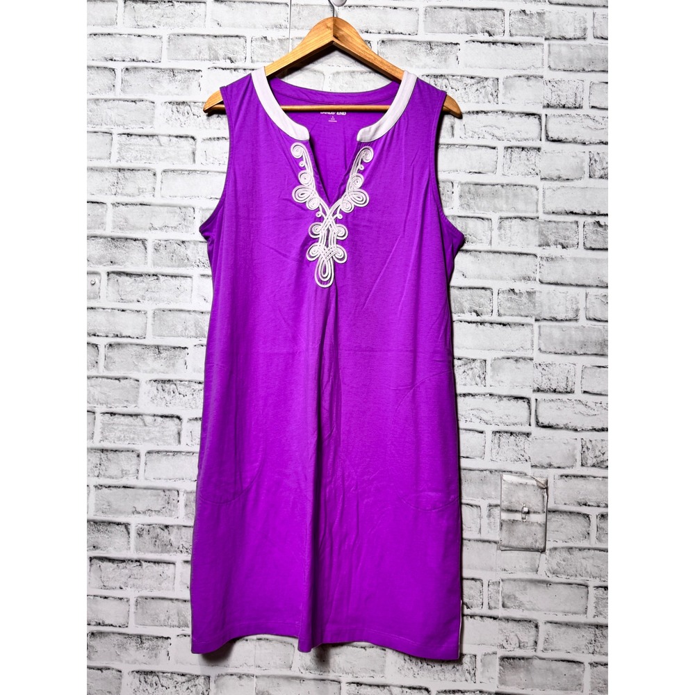Lands End Women Purple Cotton Soutache Split Neck Sleeveless Shift Dress L 14-16